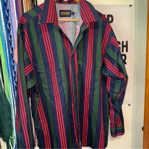 Vtg Panhandle Slim Green and Red Striped Casual Button Down Shirt